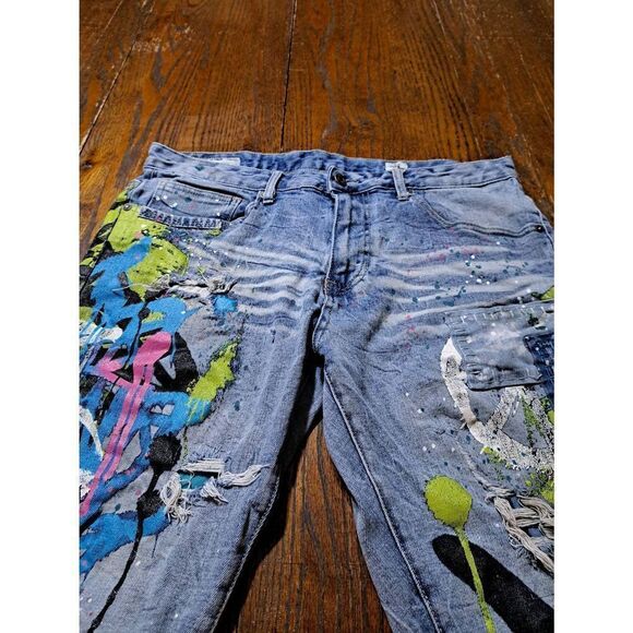 Size 34 Smoke Rise Graffiti Distressed Destroyed  Denim Jean Shorts Streetwear - Picture 4 of 7